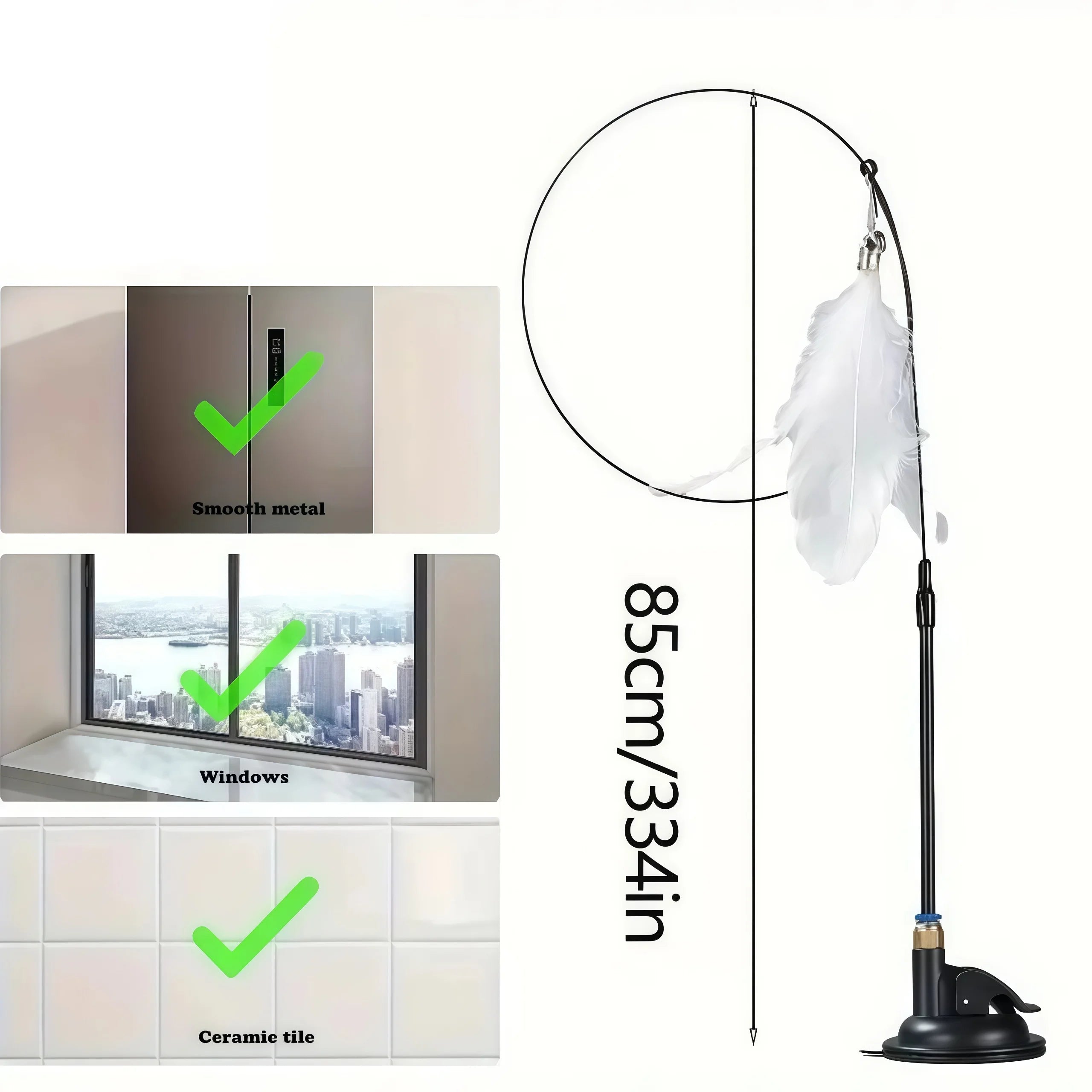 Premium Cat Teaser Pole with Feather Bell and Suction Cup - Durable Bite-Resistant Stick with Replaceable Feather Head