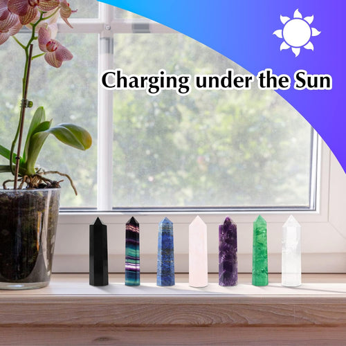 7-Piece Healing Crystal Wand Set | 2-Inch Amethyst, Rose Quartz, Clear Quartz, Black Obsidian, Green Fluorite, Lapis Lazuli, Rainbow Fluorite | Six Faceted Reiki Chakra Meditation Tools