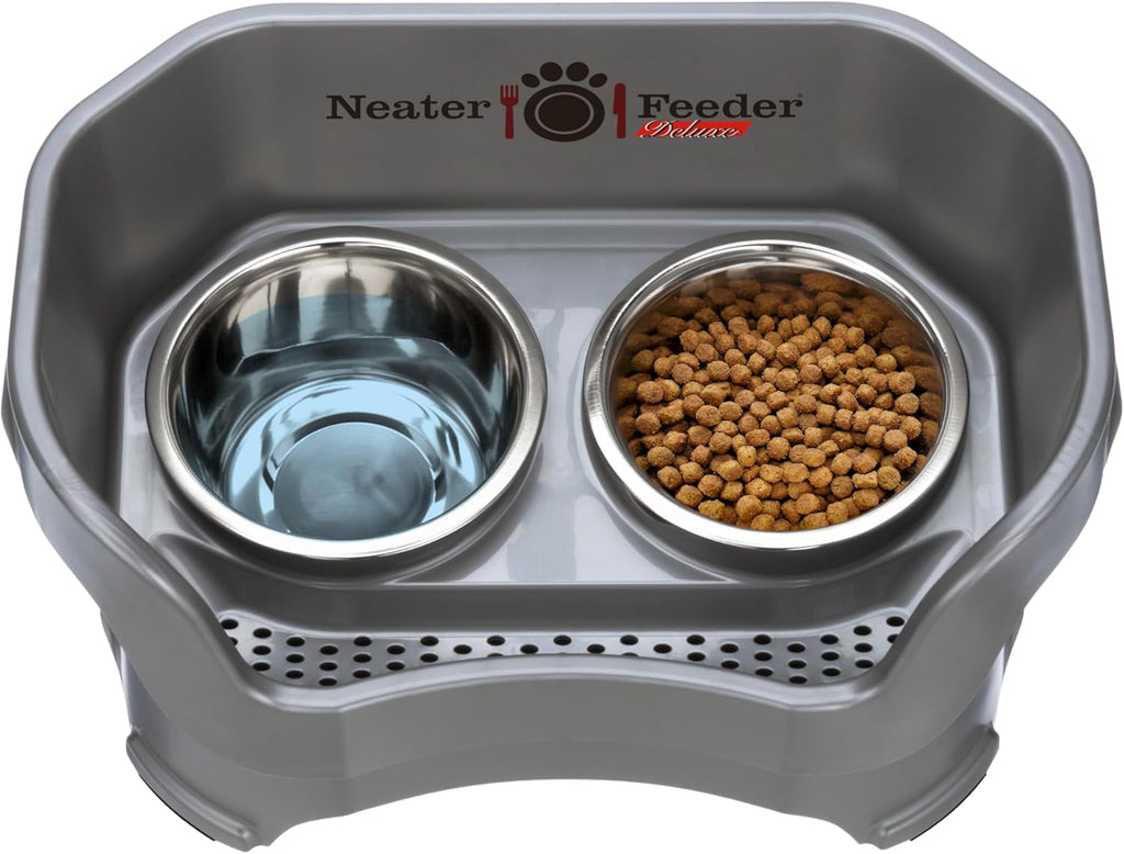 Neater Feeder Deluxe Elevated Dog Bowl Set for Medium Dogs (19-40 lbs) - Made in USA, Spill-Proof Feeding Station, Gunmetal Finish