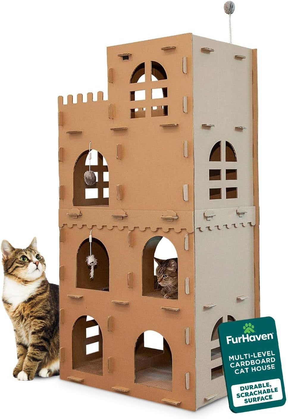 Multi-Level Cardboard Cat House for Indoor Cats with Catnip and Toys - Double-Walled Corrugated Scratcher for Lounging, Play, and Comfort - One Size, Brown