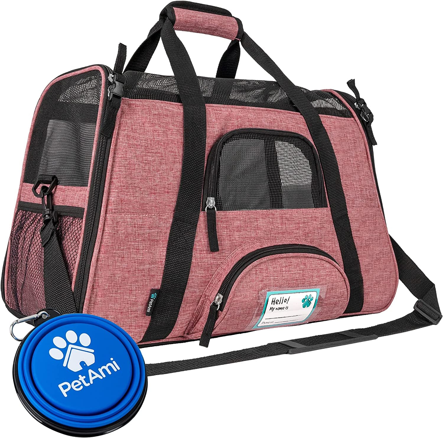 Airline-Approved Soft-Sided Pet Carrier for Cats and Small Dogs, TSA-Compliant Travel Bag with Sherpa Bed, Breathable Mesh Ventilation, Collapsible Bowl, Suitable for Pets Up to 18 lbs, Small Heather White/Red