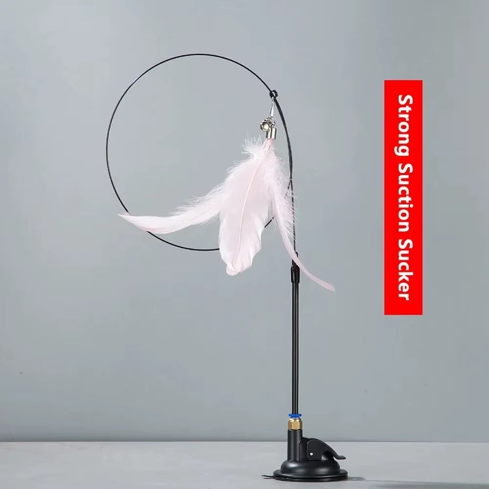Premium Cat Teaser Pole with Feather Bell and Suction Cup - Durable Bite-Resistant Stick with Replaceable Feather Head