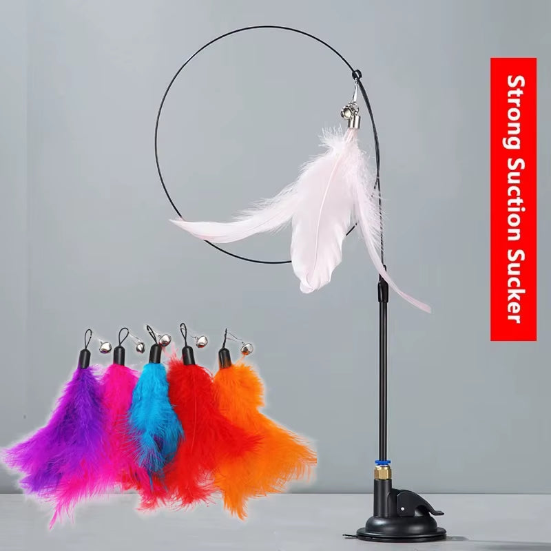 Premium Cat Teaser Pole with Feather Bell and Suction Cup - Durable Bite-Resistant Stick with Replaceable Feather Head