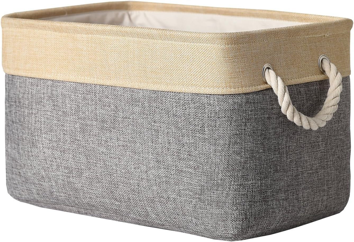 Large Collapsible Storage Bins - 3 Pack 14x10x7 Inch Fabric Organizers for Closet, Shelf, and Toy Storage (Grey & Gold)