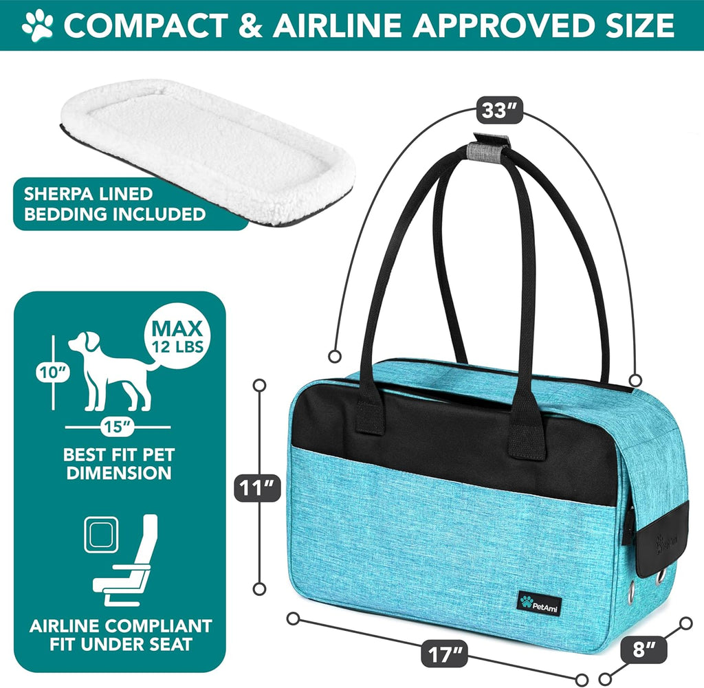 Soft-Sided Pet Carrier for Small Dogs and Cats, TSA Approved Travel Tote with Ventilation, Pockets, and Shoulder Strap, Includes Bed, Max Weight 12 lbs, Turquoise
