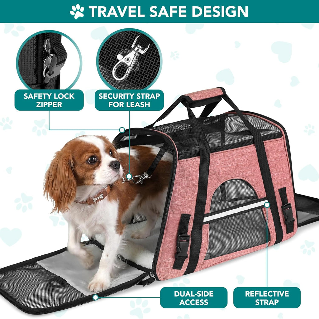 Airline-Approved Soft-Sided Pet Carrier for Cats and Small Dogs, TSA-Compliant Travel Bag with Sherpa Bed, Breathable Mesh Ventilation, Collapsible Bowl, Suitable for Pets Up to 18 lbs, Small Heather White/Red