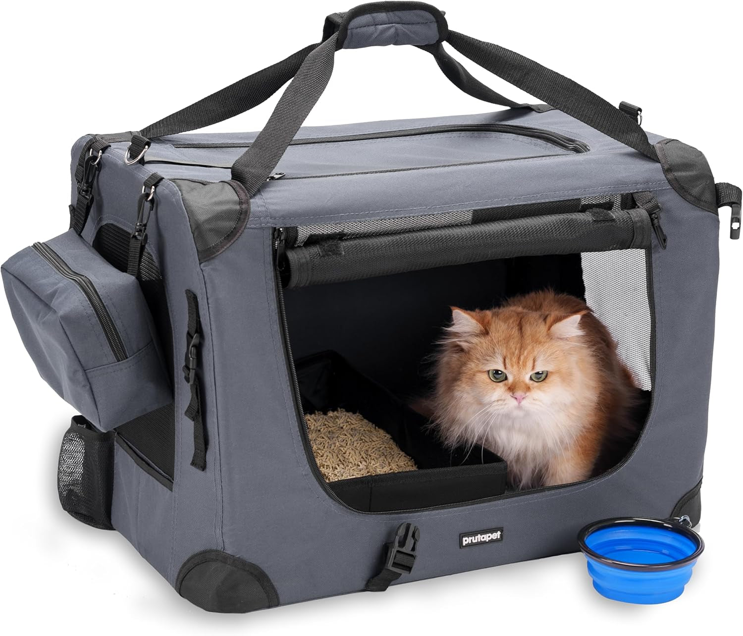 Large Cat Carrier and Portable Dog Crate - 24" x 16.5" x 16.5" Collapsible Traveling Pet Crate with Included Collapsible Bowl for Small to Medium Dogs