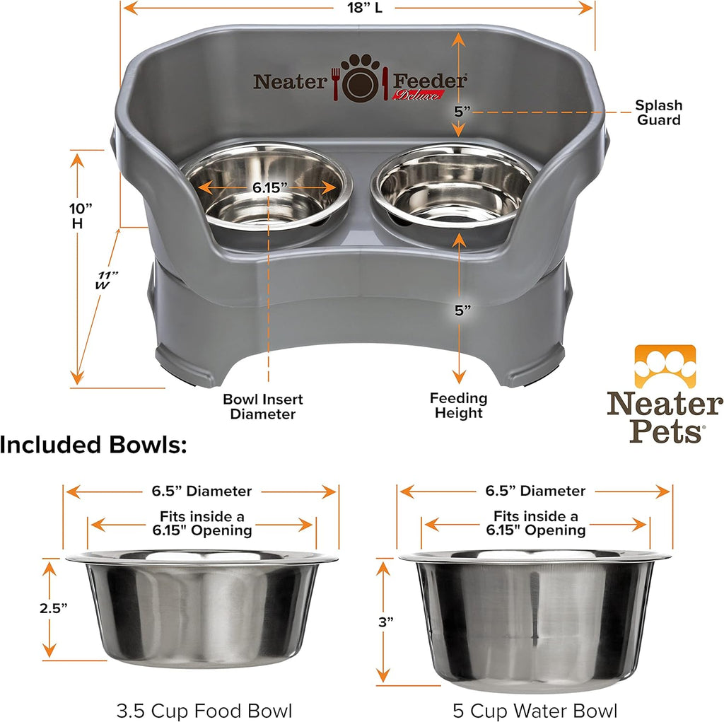 Neater Feeder Deluxe Elevated Dog Bowl Set for Medium Dogs (19-40 lbs) - Made in USA, Spill-Proof Feeding Station, Gunmetal Finish