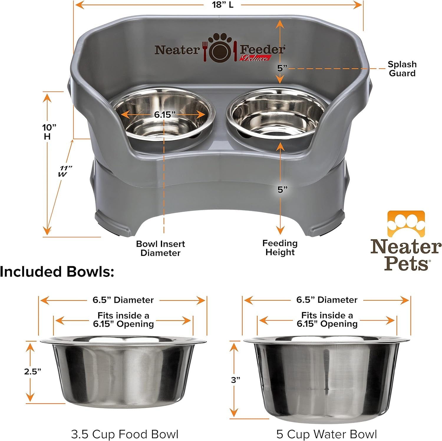 Neater Feeder Deluxe Elevated Dog Bowl Set for Medium Dogs (19-40 lbs) - Made in USA, Spill-Proof Feeding Station, Gunmetal Finish