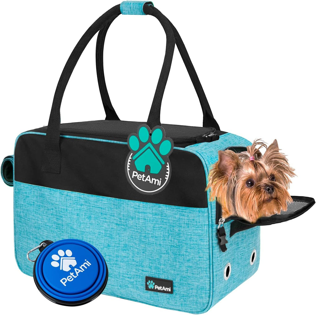 Soft-Sided Pet Carrier for Small Dogs and Cats, TSA Approved Travel Tote with Ventilation, Pockets, and Shoulder Strap, Includes Bed, Max Weight 12 lbs, Turquoise