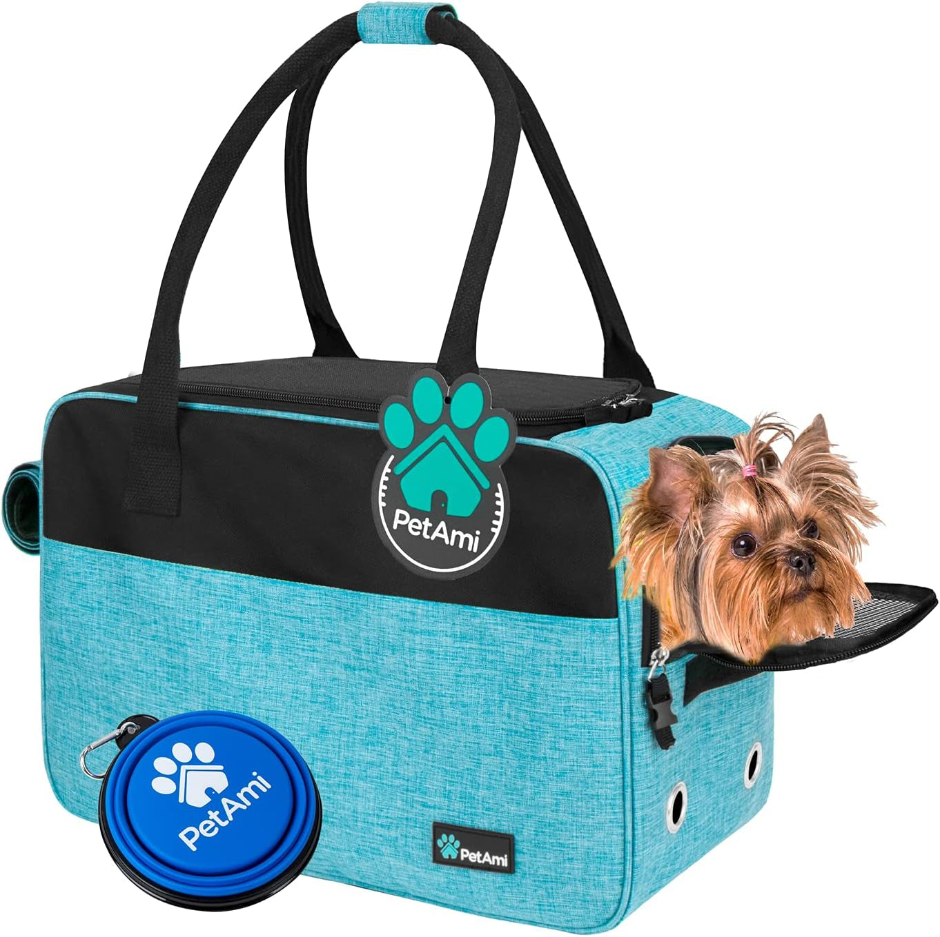 Soft-Sided Pet Carrier for Small Dogs and Cats, TSA Approved Travel Tote with Ventilation, Pockets, and Shoulder Strap, Includes Bed, Max Weight 12 lbs, Turquoise