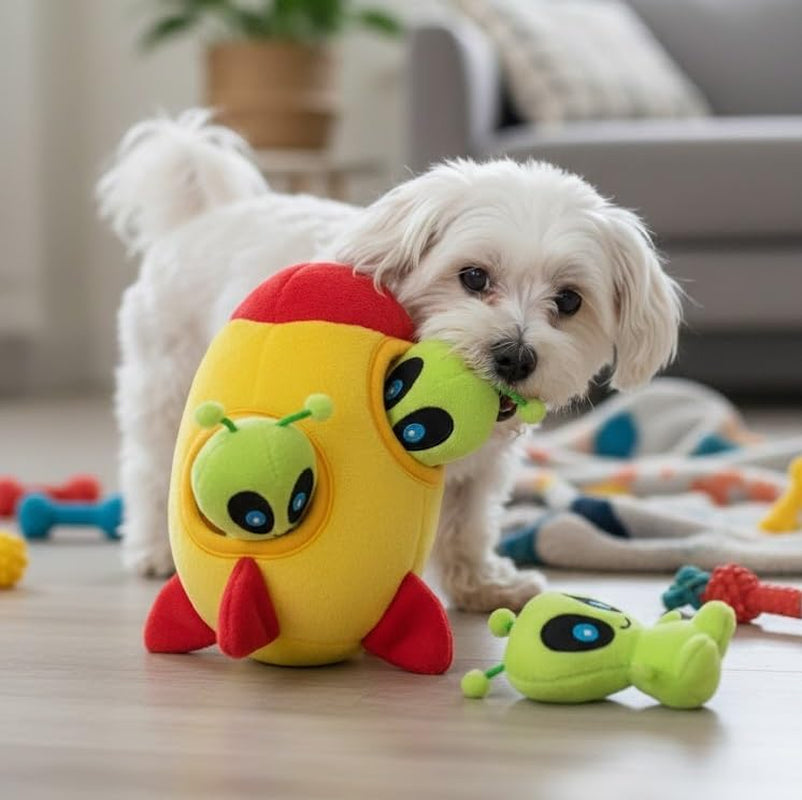 Interactive Plush Hide and Seek Squirrel Puzzle Toy for Small Dogs (Spaceship and Aliens)