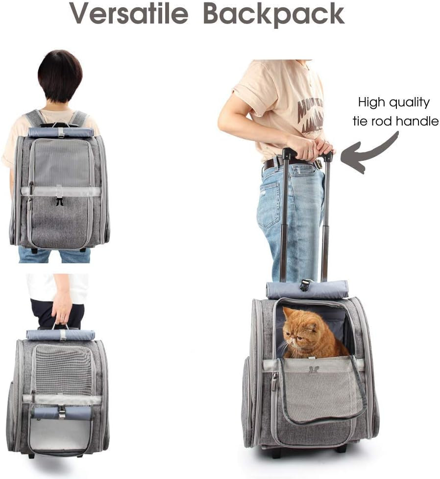 Pet Rolling Carrier Backpack for Dogs and Cats - Travel Bag with Wheels (Grey)