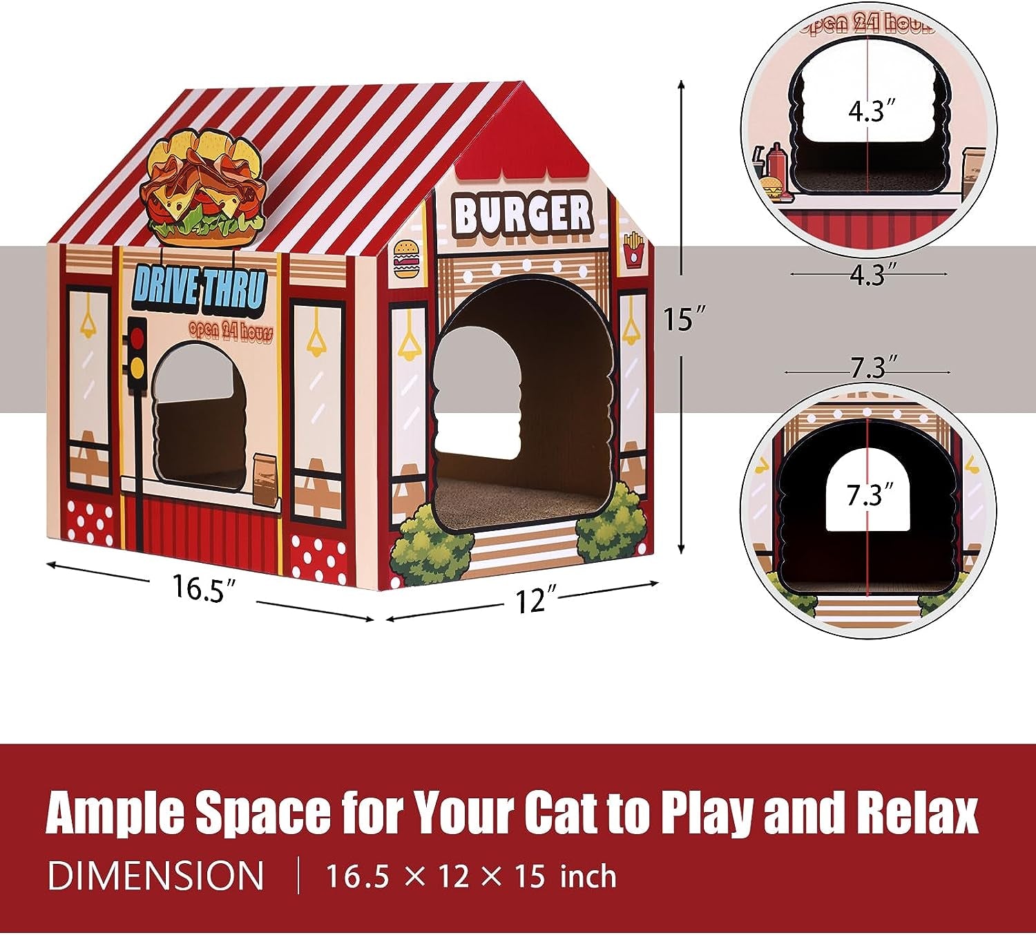 Cardboard Cat House with Scratching Pad and Catnip, 16.5'' x 12'' x 15'', Burger Shop Design for Indoor/Outdoor Cats, Playhouse and Home Decor, Scratch Toy, Ideal Hideout for Rabbits and Small Animals