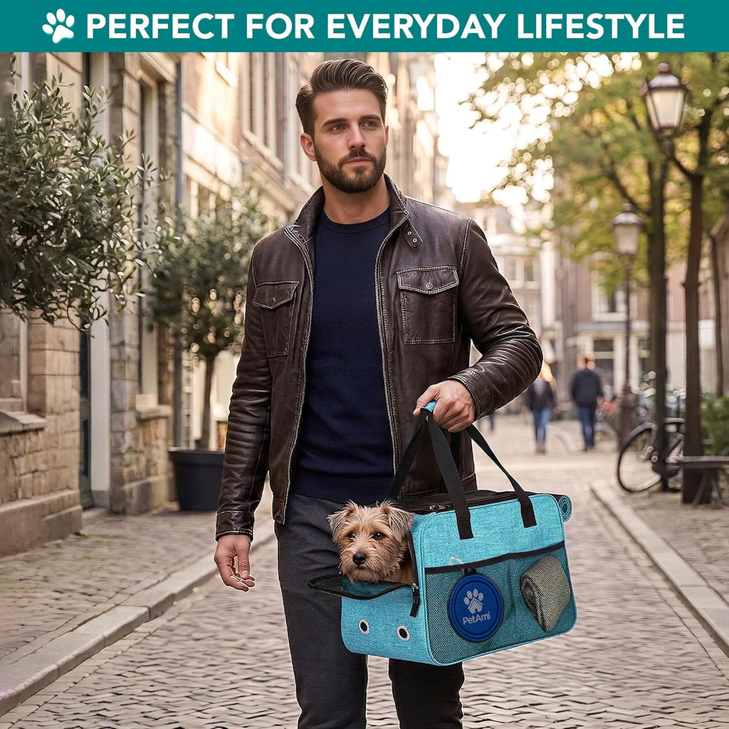 Soft-Sided Pet Carrier for Small Dogs and Cats, TSA Approved Travel Tote with Ventilation, Pockets, and Shoulder Strap, Includes Bed, Max Weight 12 lbs, Turquoise
