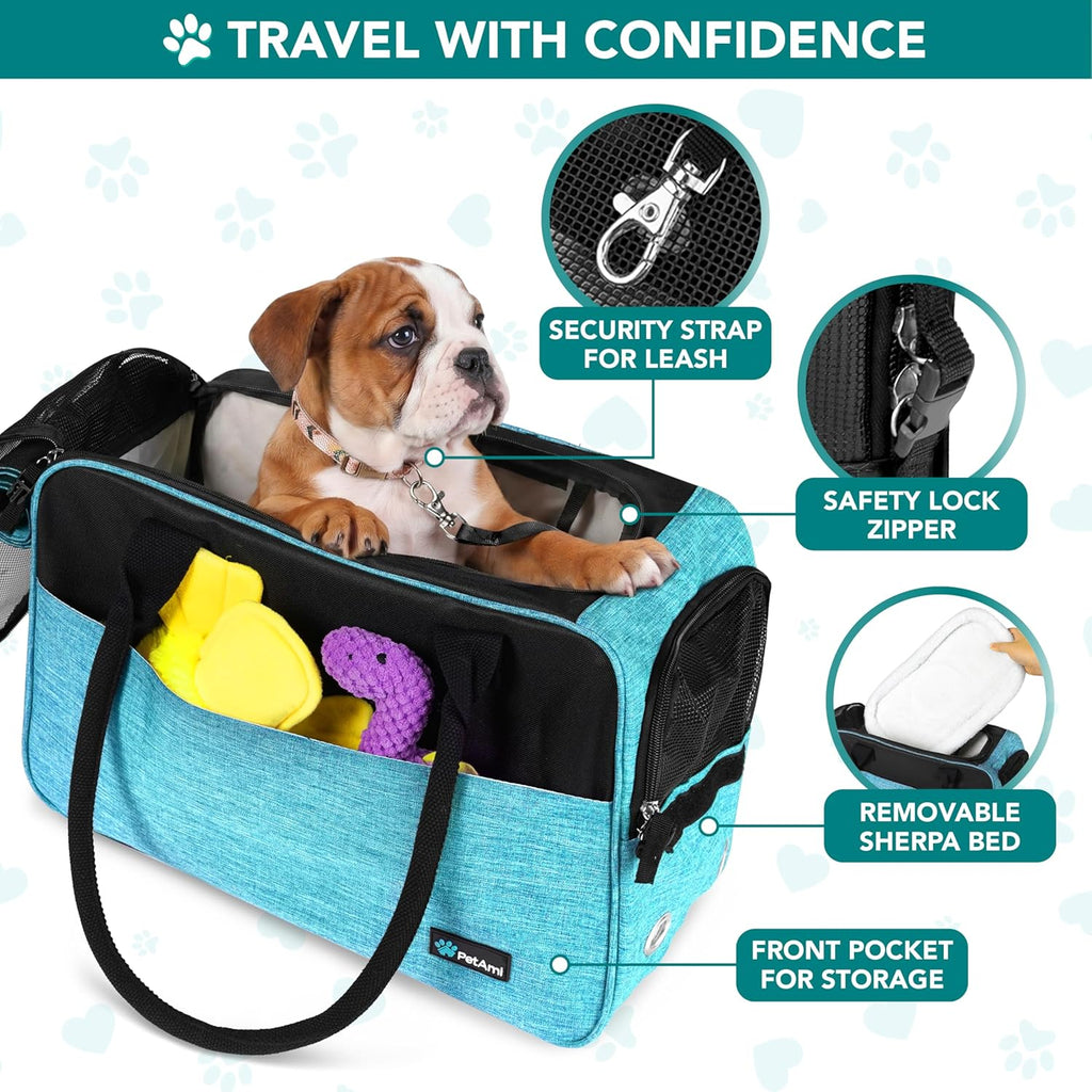 Soft-Sided Pet Carrier for Small Dogs and Cats, TSA Approved Travel Tote with Ventilation, Pockets, and Shoulder Strap, Includes Bed, Max Weight 12 lbs, Turquoise