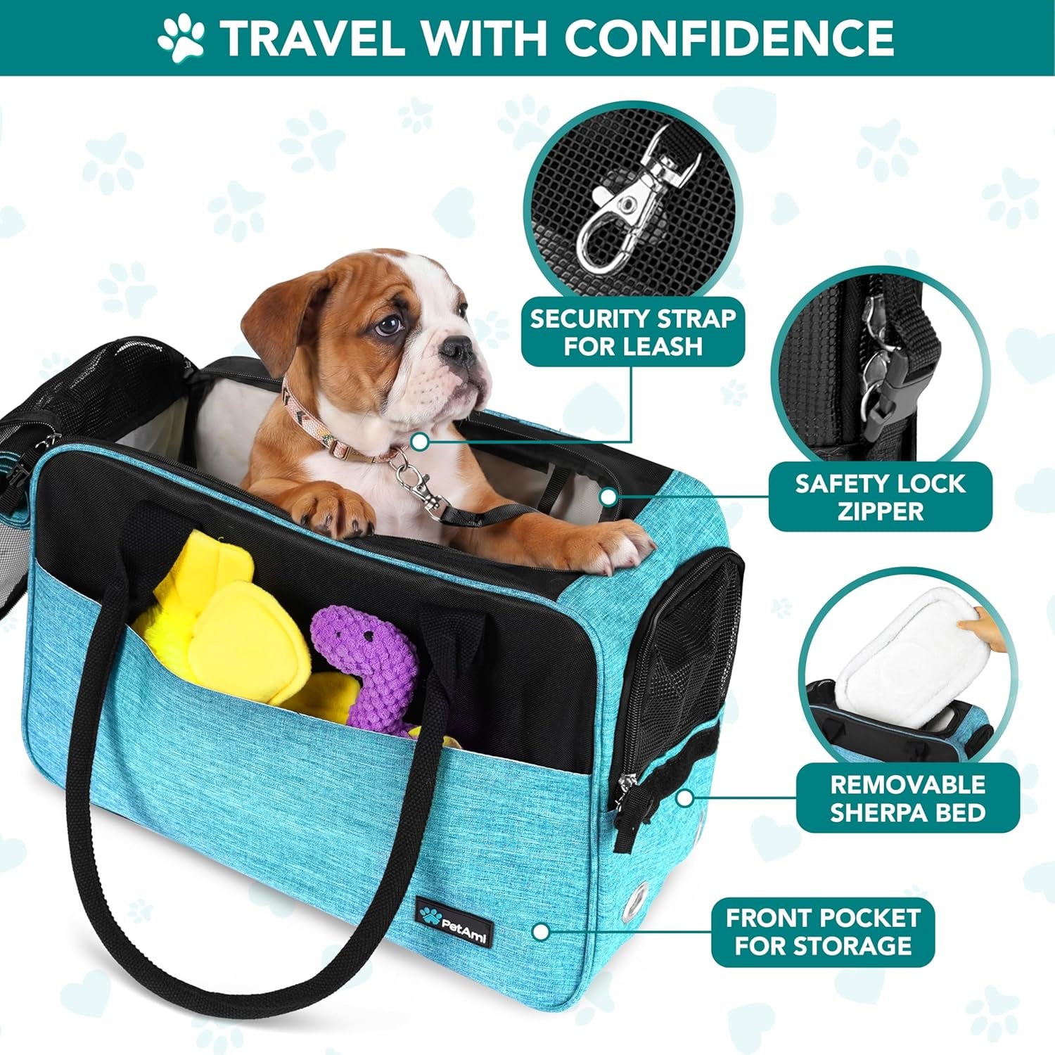 Soft-Sided Pet Carrier for Small Dogs and Cats, TSA Approved Travel Tote with Ventilation, Pockets, and Shoulder Strap, Includes Bed, Max Weight 12 lbs, Turquoise