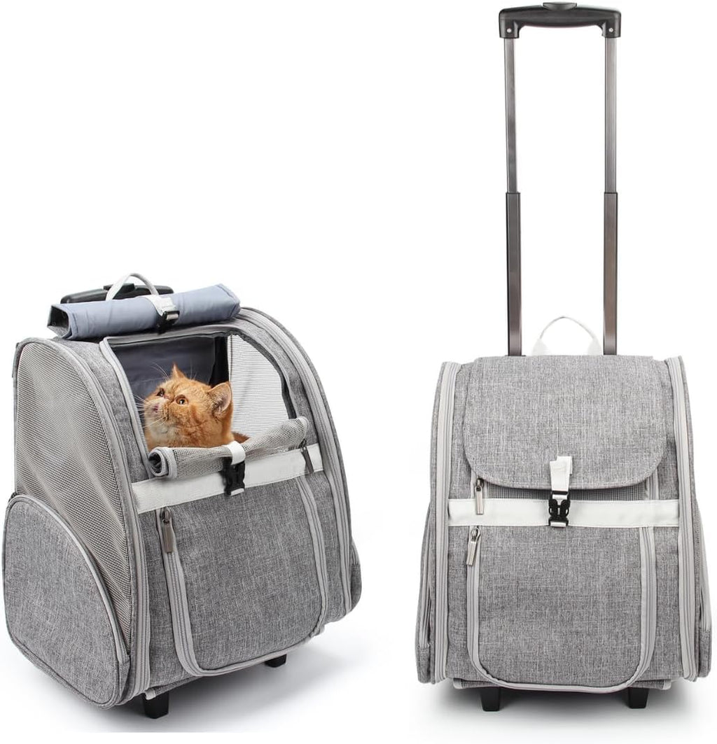 Pet Rolling Carrier Backpack for Dogs and Cats - Travel Bag with Wheels (Grey)