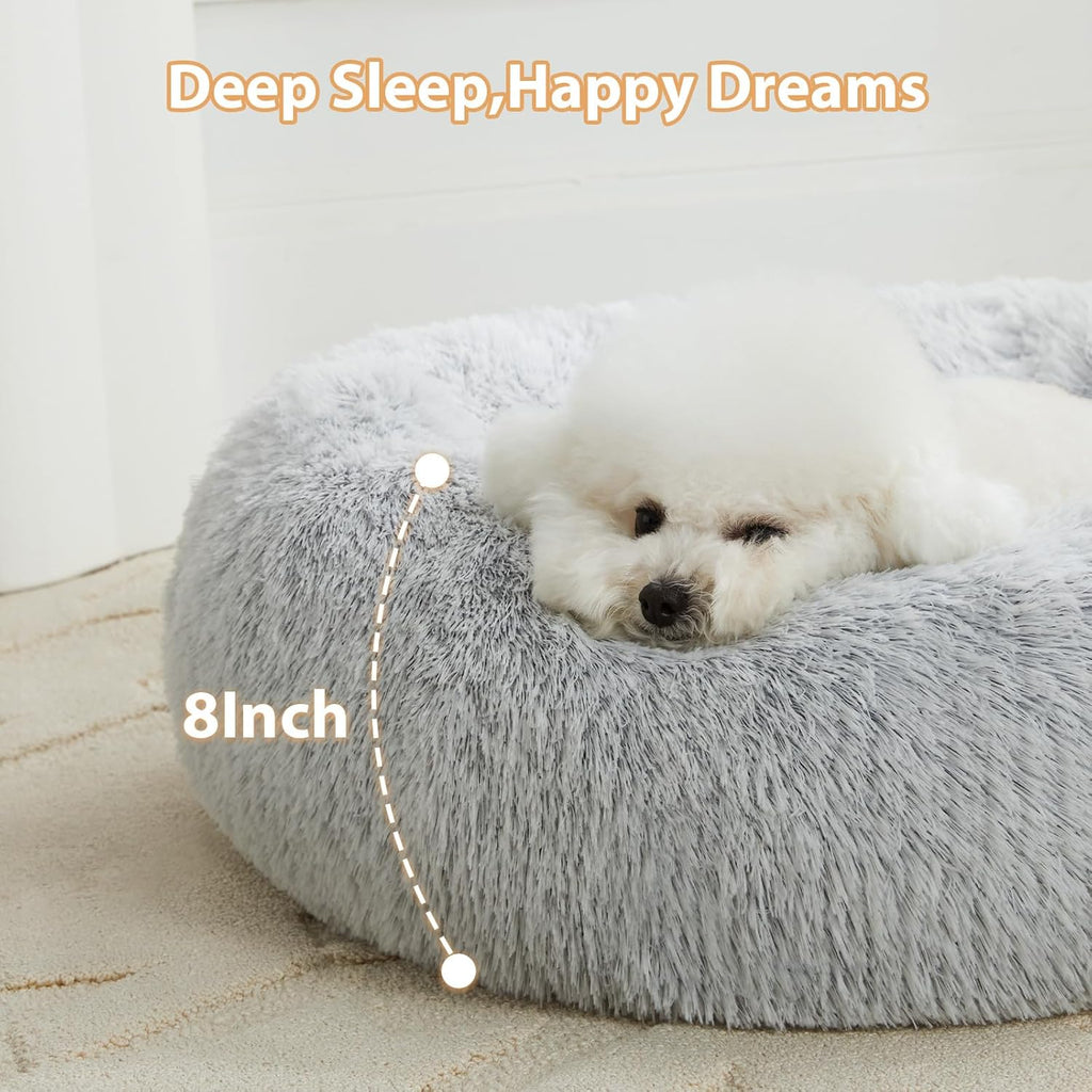 Calming Donut Pet Bed for Dogs and Cats, Self-Warming Faux Fur Cuddler, Plush Round Bed (24 x 24 Inch, Light Grey)