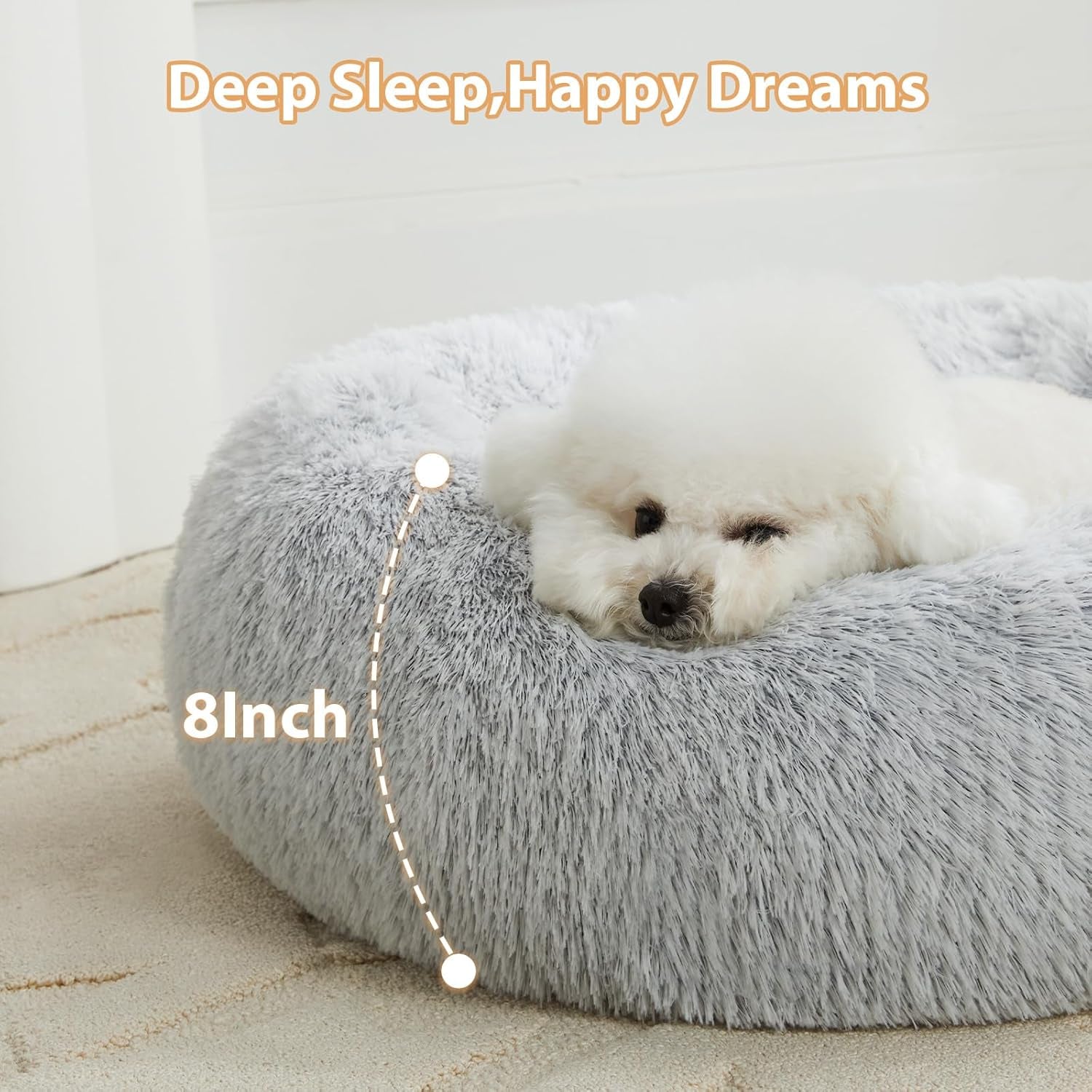 Calming Donut Pet Bed for Dogs and Cats, Self-Warming Faux Fur Cuddler, Plush Round Bed (24 x 24 Inch, Light Grey)