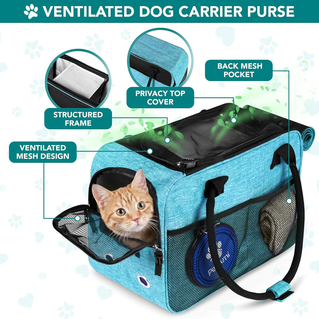 Soft-Sided Pet Carrier for Small Dogs and Cats, TSA Approved Travel Tote with Ventilation, Pockets, and Shoulder Strap, Includes Bed, Max Weight 12 lbs, Turquoise
