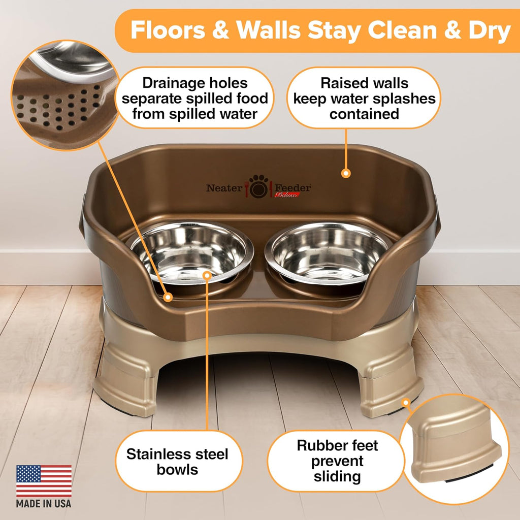 Neater Feeder Deluxe Elevated Cat Bowls with Adjustable Heights (6” & 7.5”), No-Spill Raised Stand, Whisker-Friendly Stainless Steel Dishes, Made in USA, Bronze Finish