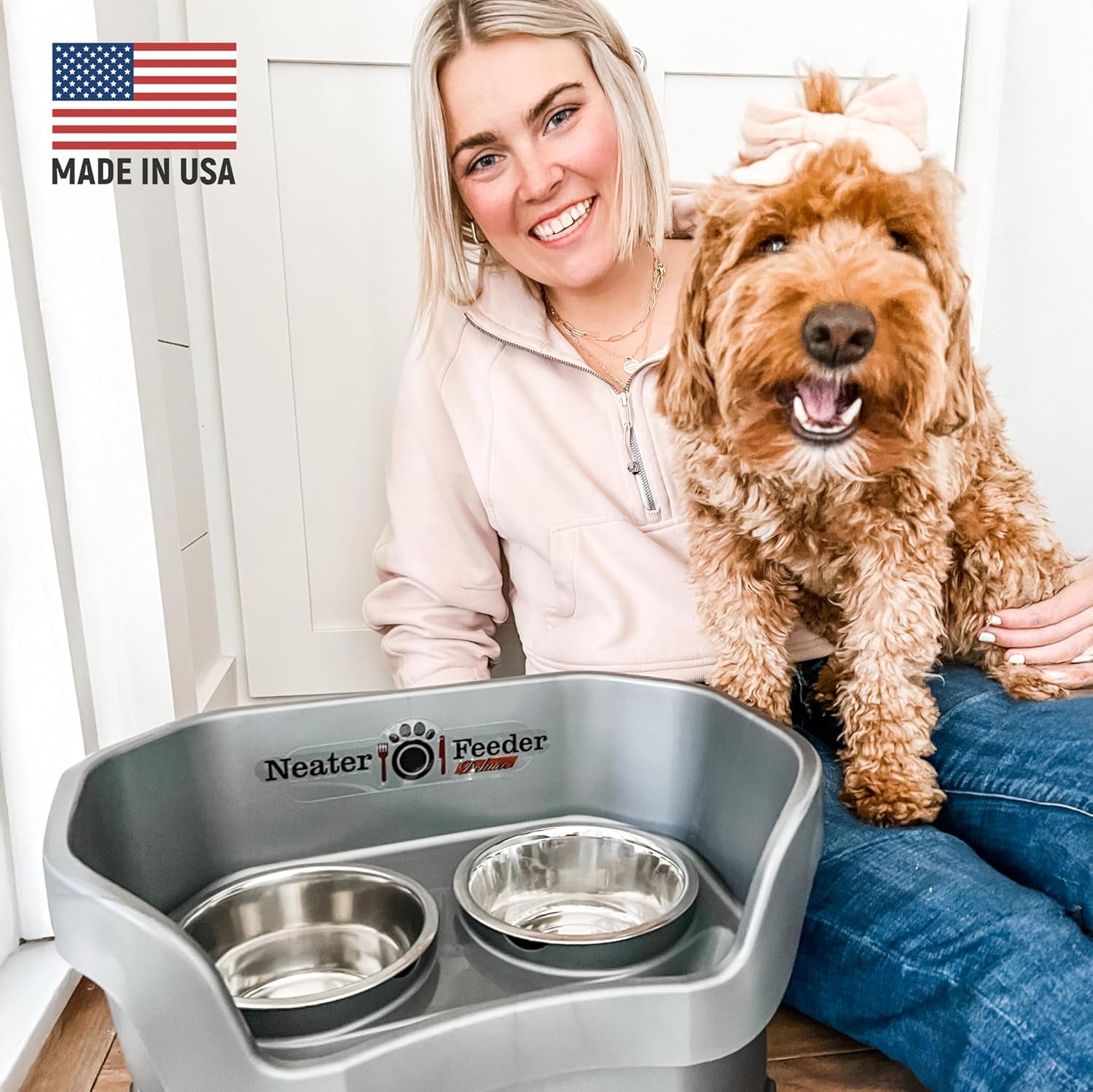 Neater Feeder Deluxe Elevated Dog Bowl Set for Medium Dogs (19-40 lbs) - Made in USA, Spill-Proof Feeding Station, Gunmetal Finish