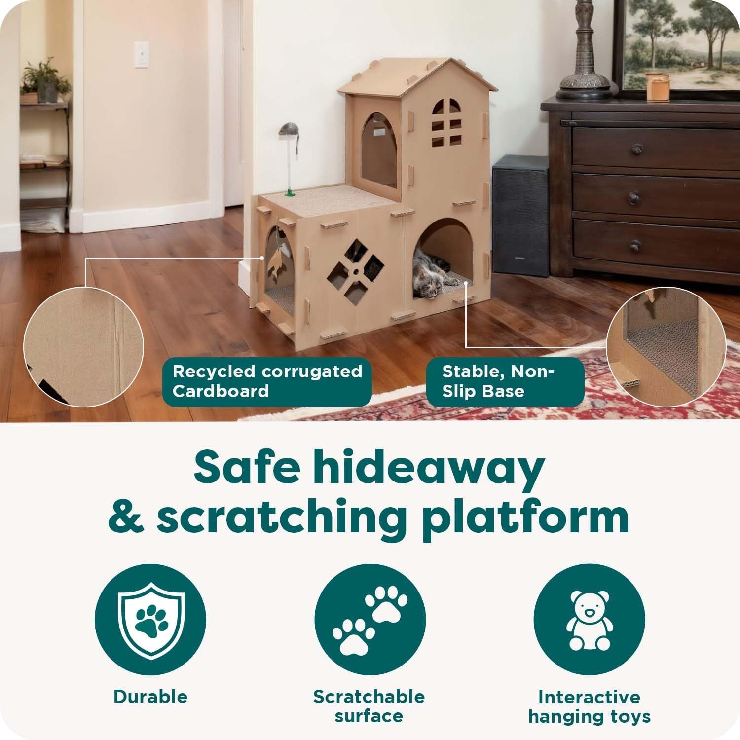 Multi-Level Cardboard Cat House for Indoor Cats with Catnip and Toys - Double-Walled Corrugated Scratcher for Lounging, Play, and Comfort - One Size, Brown