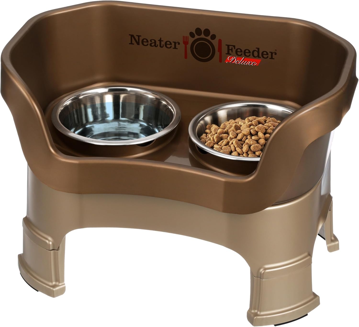 Neater Feeder Deluxe Elevated Cat Bowls with Adjustable Heights (6” & 7.5”), No-Spill Raised Stand, Whisker-Friendly Stainless Steel Dishes, Made in USA, Bronze Finish