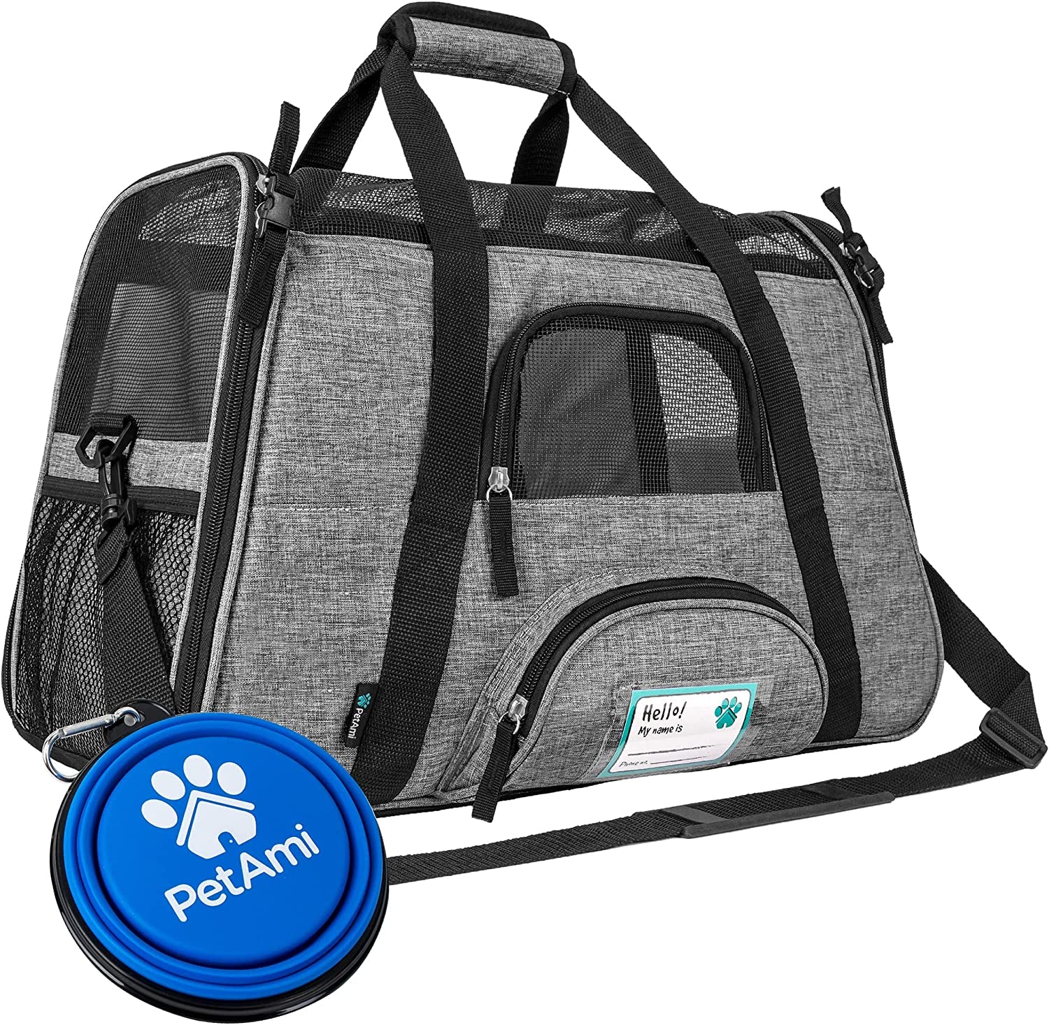 Airline-Approved Soft-Sided Pet Carrier for Cats and Small Dogs, TSA-Compliant Travel Bag with Sherpa Bed, Breathable Mesh Ventilation, Collapsible Bowl, Suitable for Pets Up to 18 lbs, Small Heather White/Red