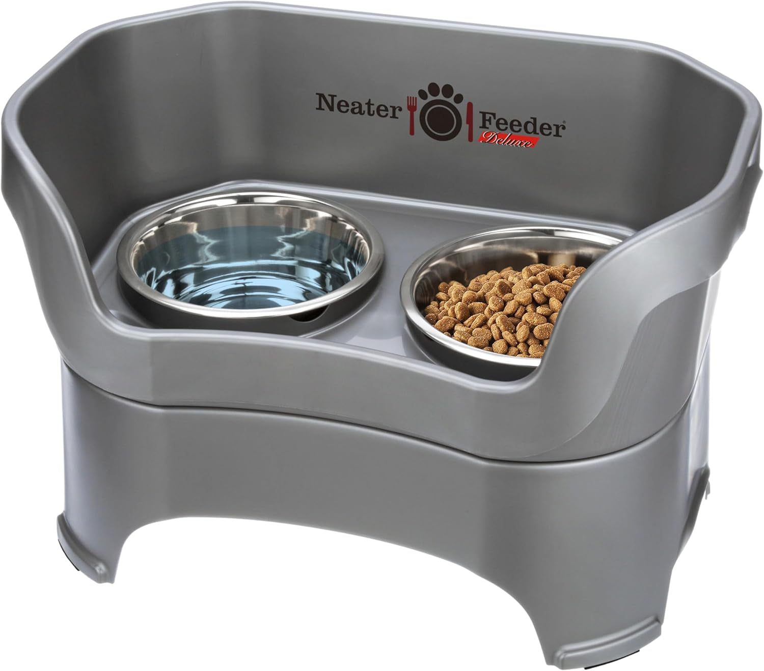 Neater Feeder Deluxe Elevated Dog Bowl Set for Medium Dogs (19-40 lbs) - Made in USA, Spill-Proof Feeding Station, Gunmetal Finish