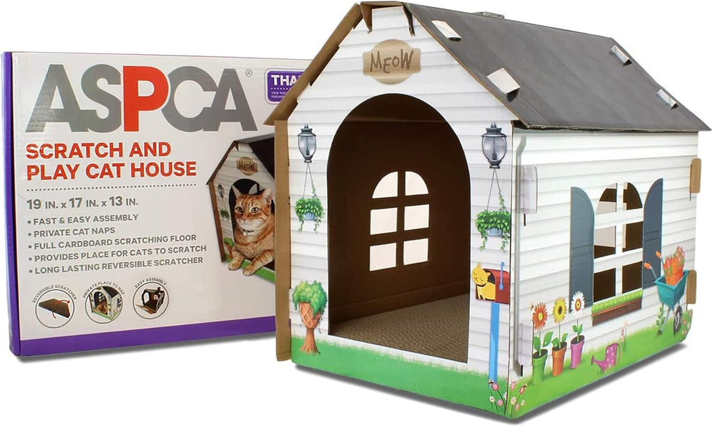 Cardboard Cat House Hideaway Playhouse with Integrated Scratching Pad - Dimensions: 19" L x 13" W x 17" H