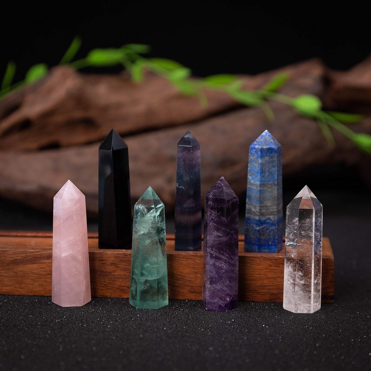 7-Piece Healing Crystal Wand Set | 2-Inch Amethyst, Rose Quartz, Clear Quartz, Black Obsidian, Green Fluorite, Lapis Lazuli, Rainbow Fluorite | Six Faceted Reiki Chakra Meditation Tools