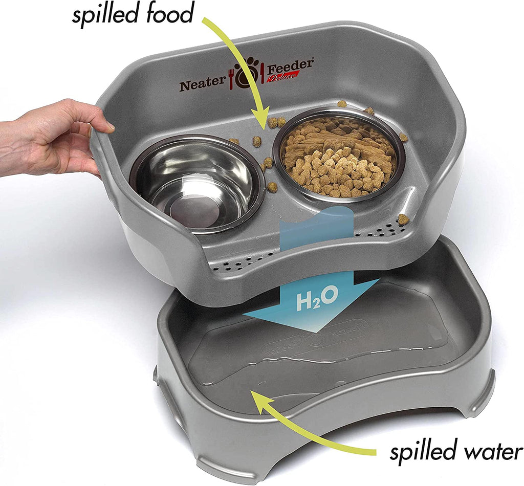 Neater Feeder Deluxe Elevated Dog Bowl Set for Medium Dogs (19-40 lbs) - Made in USA, Spill-Proof Feeding Station, Gunmetal Finish