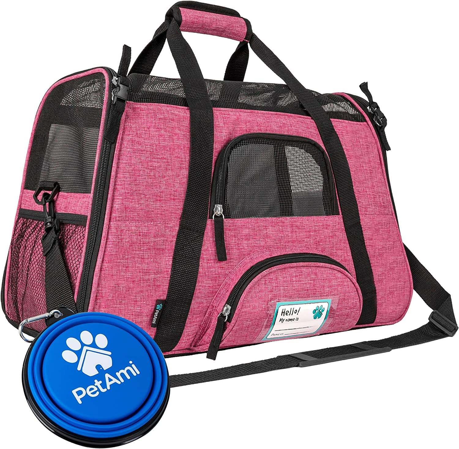 Airline-Approved Soft-Sided Pet Carrier for Cats and Small Dogs, TSA-Compliant Travel Bag with Sherpa Bed, Breathable Mesh Ventilation, Collapsible Bowl, Suitable for Pets Up to 18 lbs, Small Heather White/Red