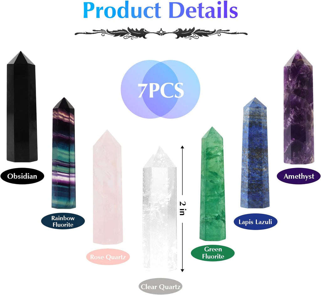 7-Piece Healing Crystal Wand Set | 2-Inch Amethyst, Rose Quartz, Clear Quartz, Black Obsidian, Green Fluorite, Lapis Lazuli, Rainbow Fluorite | Six Faceted Reiki Chakra Meditation Tools