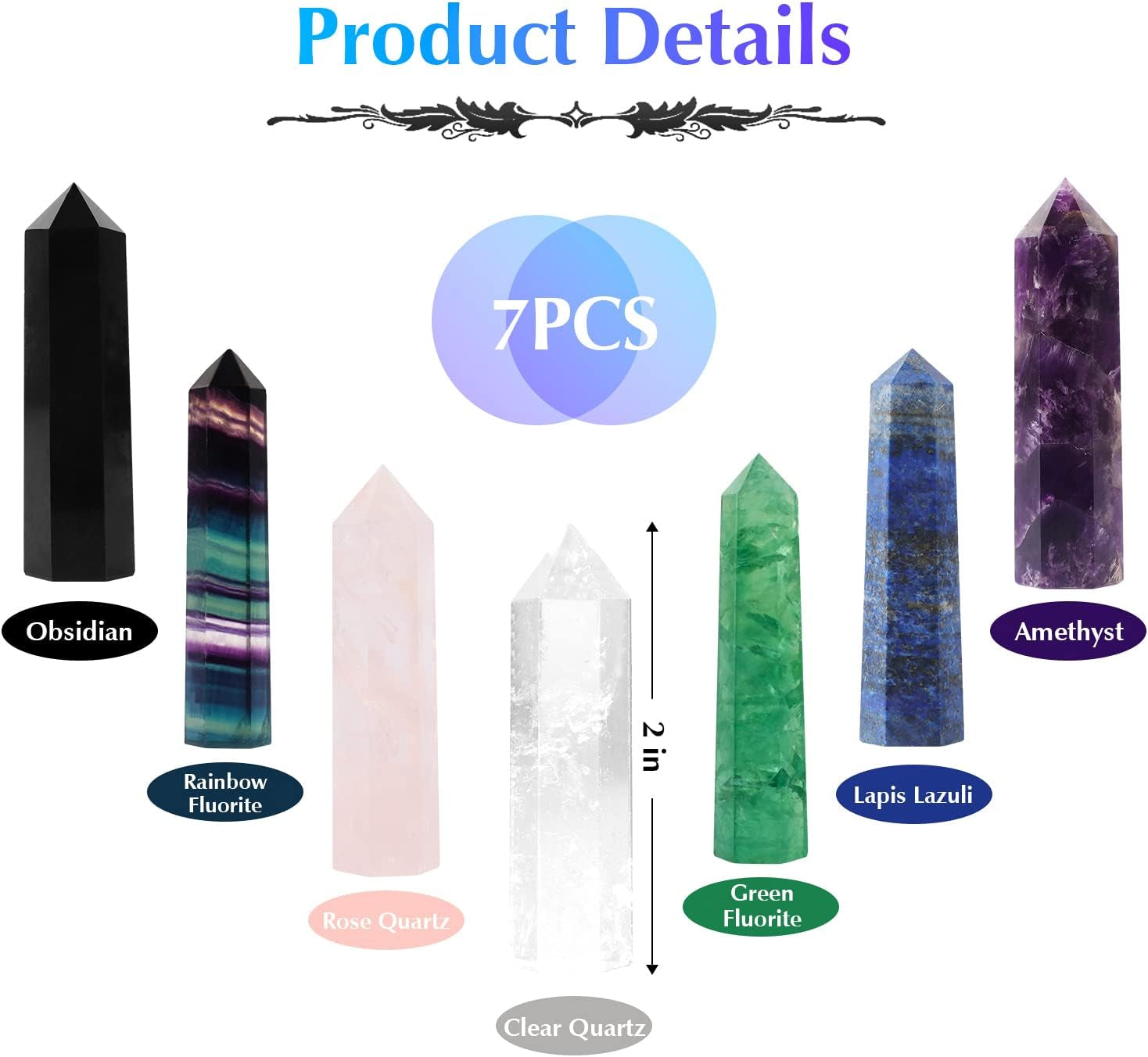 7-Piece Healing Crystal Wand Set | 2-Inch Amethyst, Rose Quartz, Clear Quartz, Black Obsidian, Green Fluorite, Lapis Lazuli, Rainbow Fluorite | Six Faceted Reiki Chakra Meditation Tools