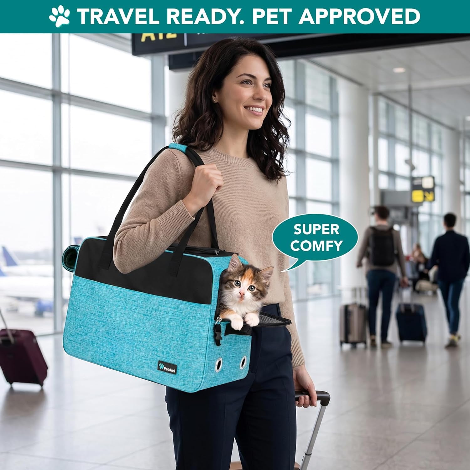 Soft-Sided Pet Carrier for Small Dogs and Cats, TSA Approved Travel Tote with Ventilation, Pockets, and Shoulder Strap, Includes Bed, Max Weight 12 lbs, Turquoise