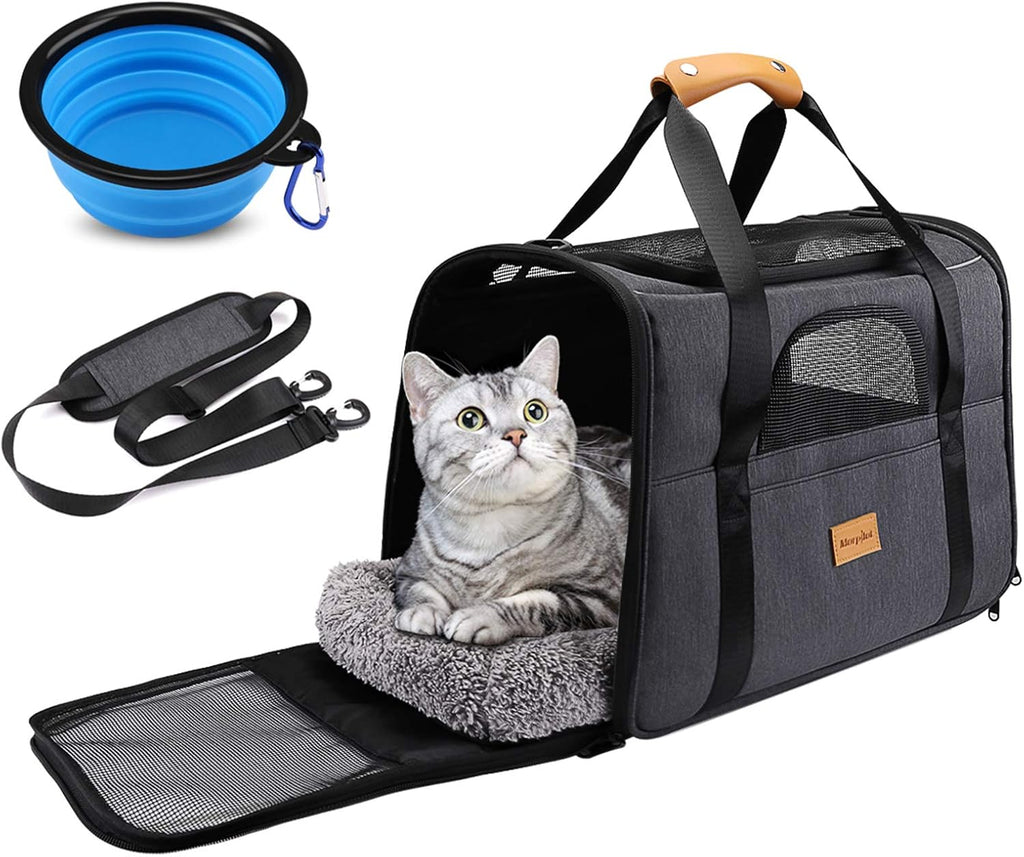 Portable Soft-Sided Cat Carrier Bag for Cats and Small Dogs, Airline Approved with Shoulder Strap, Removable Mat, and Pet Bowl