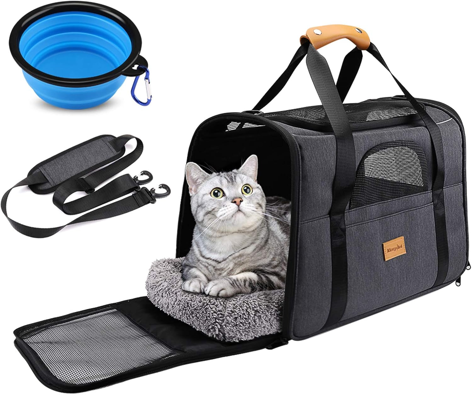 Portable Soft-Sided Cat Carrier Bag for Cats and Small Dogs, Airline Approved with Shoulder Strap, Removable Mat, and Pet Bowl