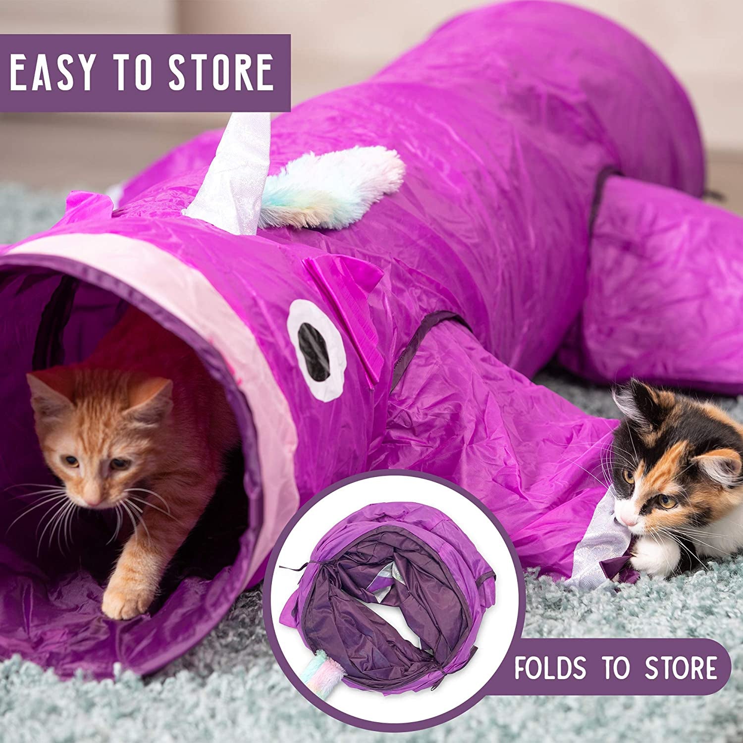 Magic Mewnicorn Multi-Purpose Cat Tunnel with Crinkle Feather String for Dogs, Cats, Rabbits, Kittens, and Guinea Pigs – Ideal for Hiding, Hunting, and Resting