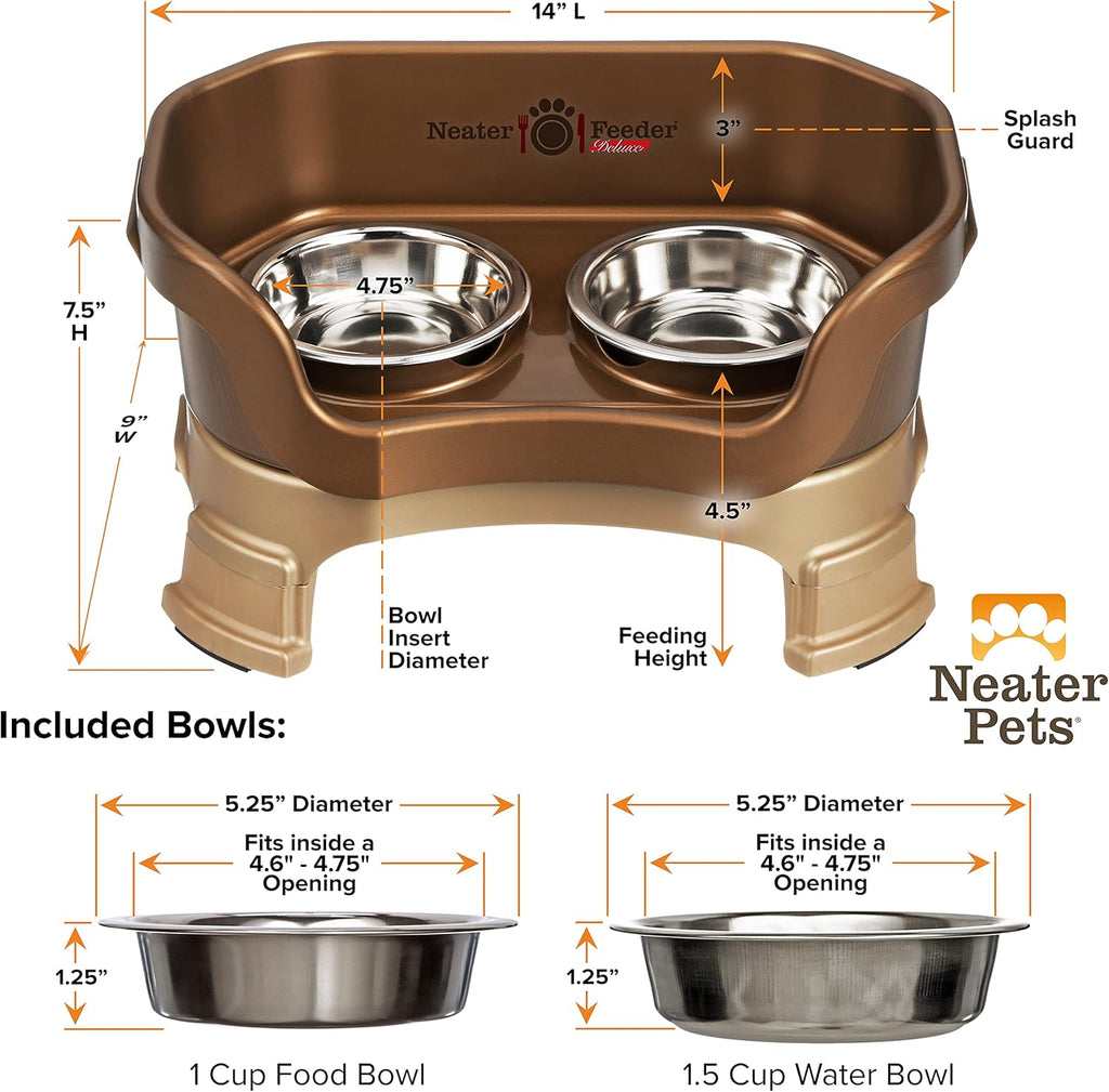 Neater Feeder Deluxe Elevated Cat Bowls with Adjustable Heights (6” & 7.5”), No-Spill Raised Stand, Whisker-Friendly Stainless Steel Dishes, Made in USA, Bronze Finish