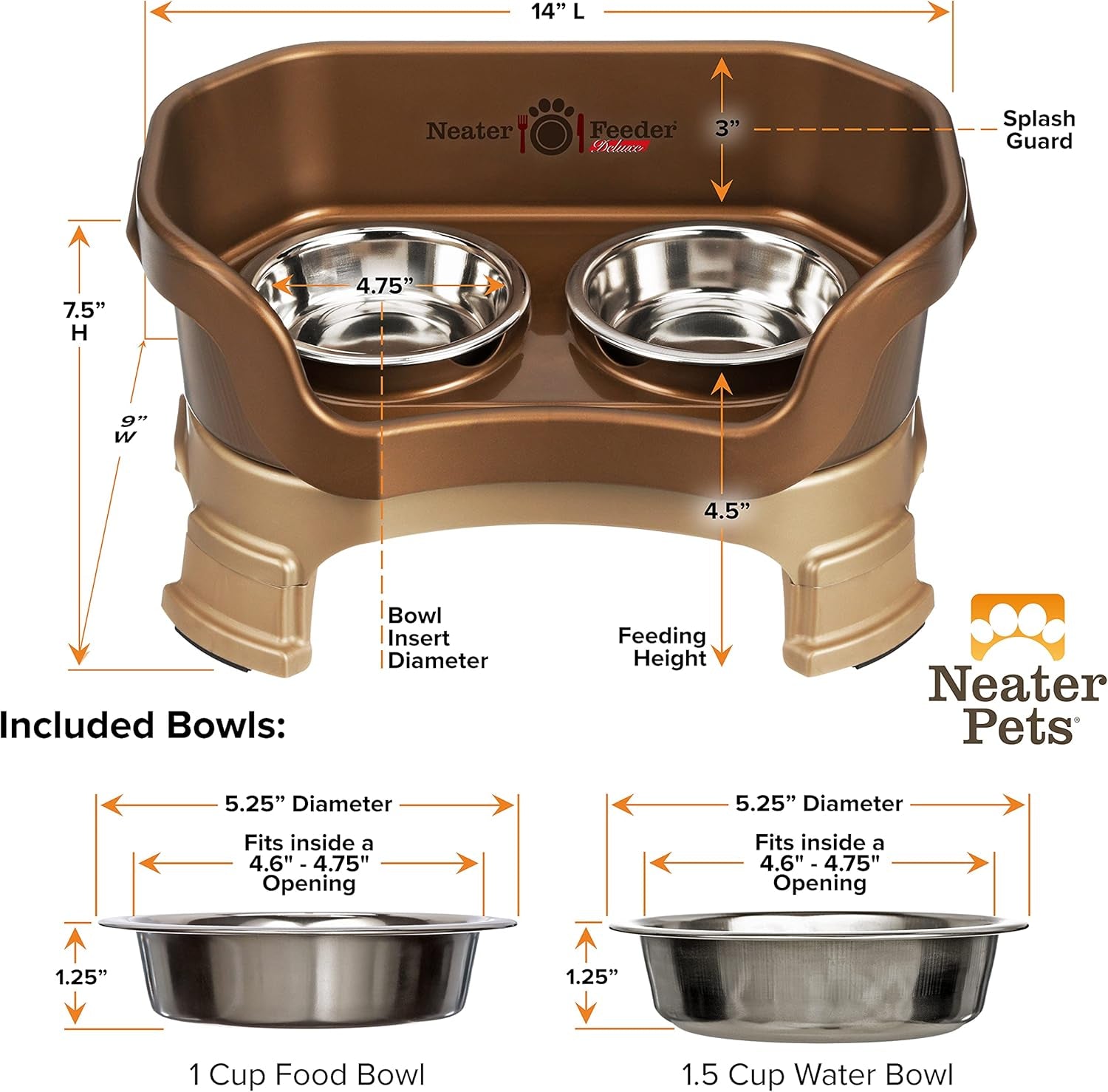 Neater Feeder Deluxe Elevated Cat Bowls with Adjustable Heights (6” & 7.5”), No-Spill Raised Stand, Whisker-Friendly Stainless Steel Dishes, Made in USA, Bronze Finish