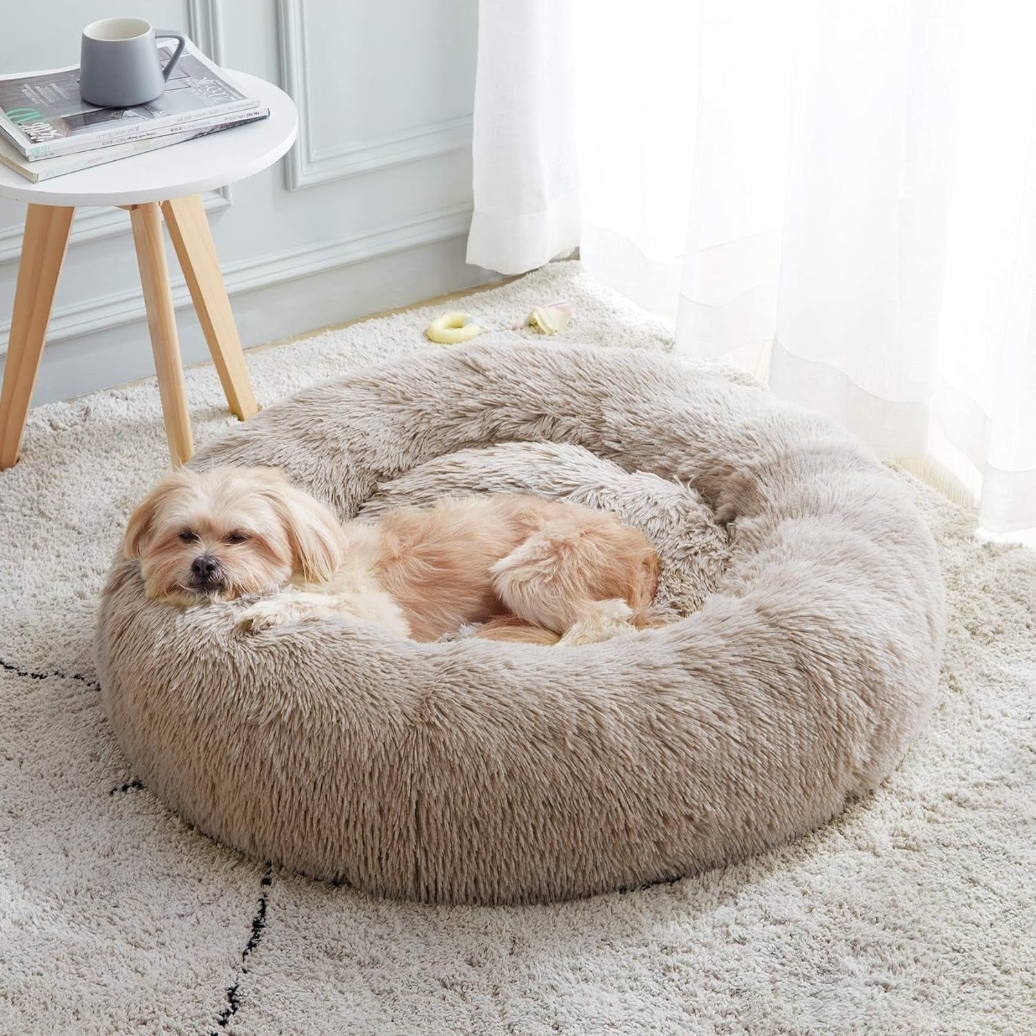 Calming Donut Cuddler Bed for Dogs and Cats - Anti-Anxiety Faux Fur Plush Cushion in Various Sizes (20"/24"/27"/30")
