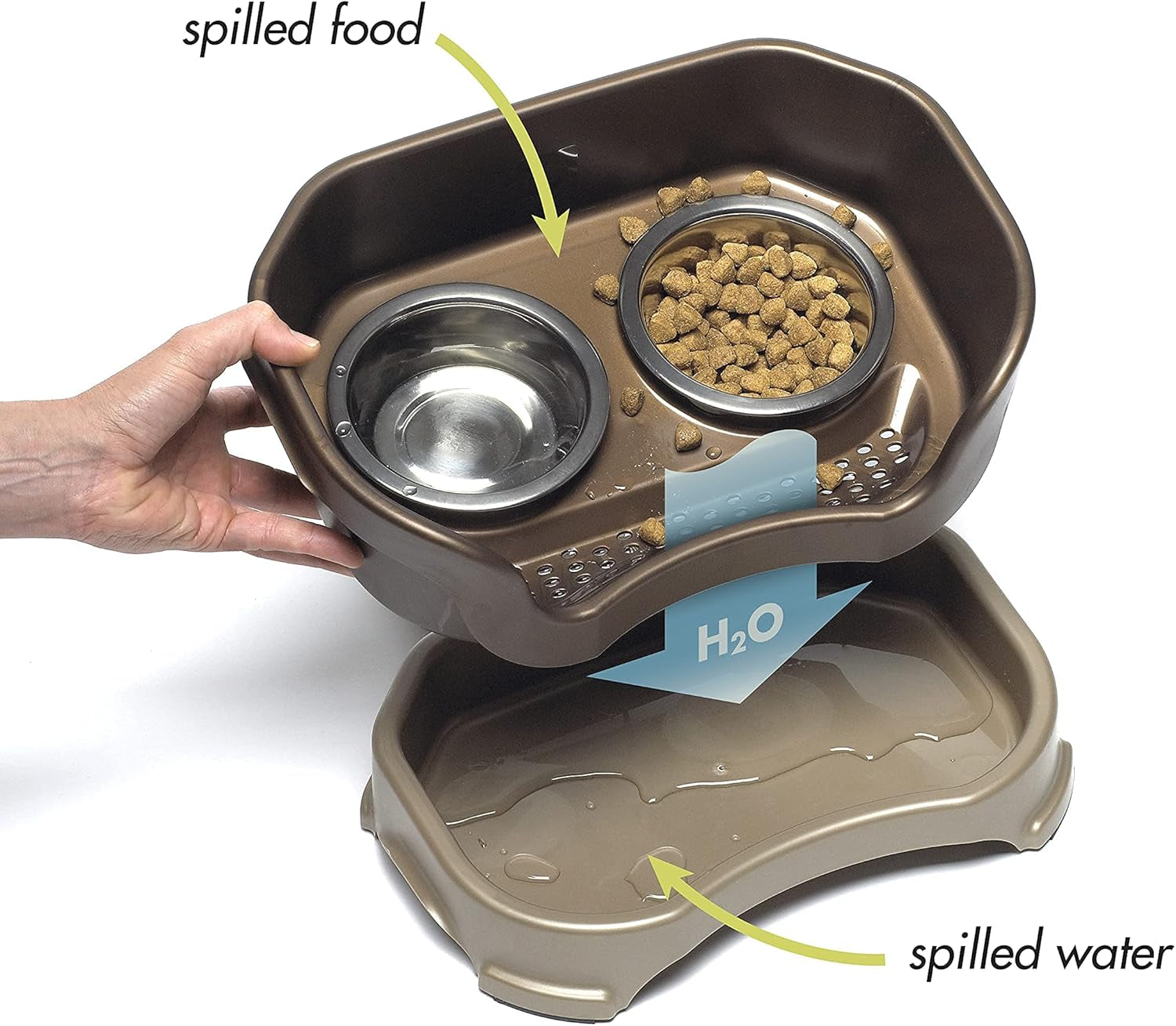 Neater Feeder Deluxe Elevated Cat Bowls with Adjustable Heights (6” & 7.5”), No-Spill Raised Stand, Whisker-Friendly Stainless Steel Dishes, Made in USA, Bronze Finish