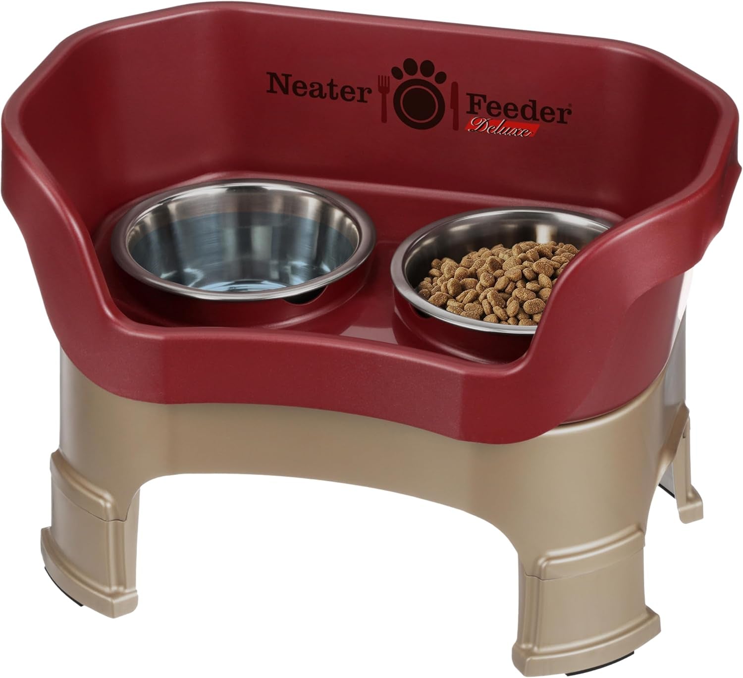 Neater Feeder Deluxe Elevated Cat Bowls with Adjustable Heights (6” & 7.5”), No-Spill Raised Stand, Whisker-Friendly Stainless Steel Dishes, Made in USA, Bronze Finish