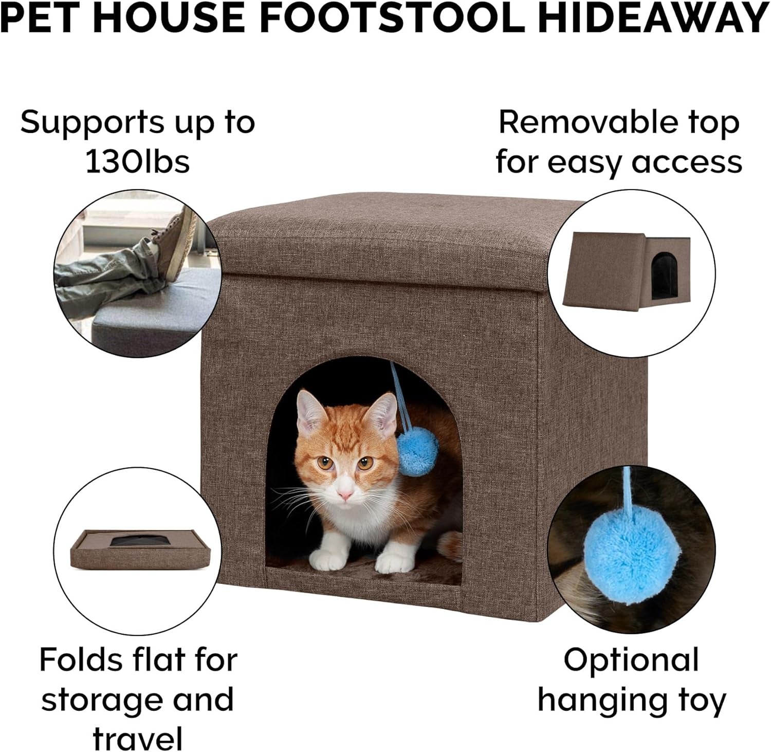 Indoor Pet House for Cats and Small Dogs, Collapsible and Foldable with Plush Ball Toy - Living Room Footstool Cat Condo in Coconut Brown, Small