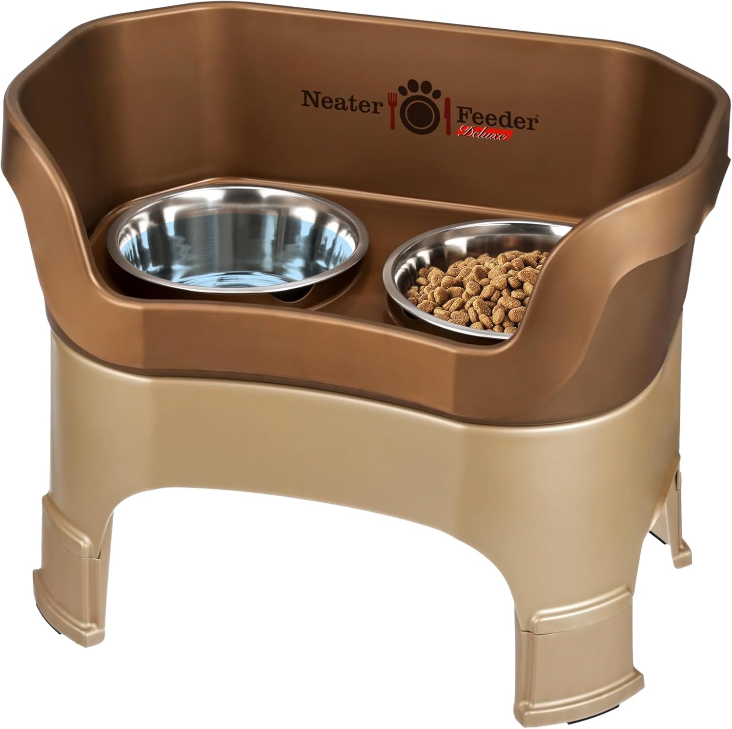 Neater Feeder Deluxe Elevated Cat Bowls with Adjustable Heights (6” & 7.5”), No-Spill Raised Stand, Whisker-Friendly Stainless Steel Dishes, Made in USA, Bronze Finish