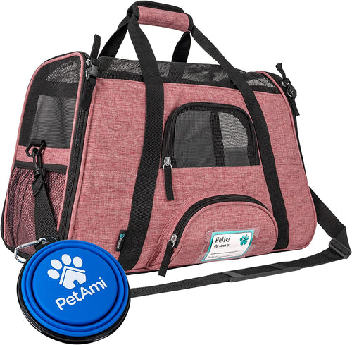 Airline-Approved Soft-Sided Pet Carrier for Cats and Small Dogs, TSA-Compliant Travel Bag with Sherpa Bed, Breathable Mesh Ventilation, Collapsible Bowl, Suitable for Pets Up to 18 lbs, Small Heather White/Red