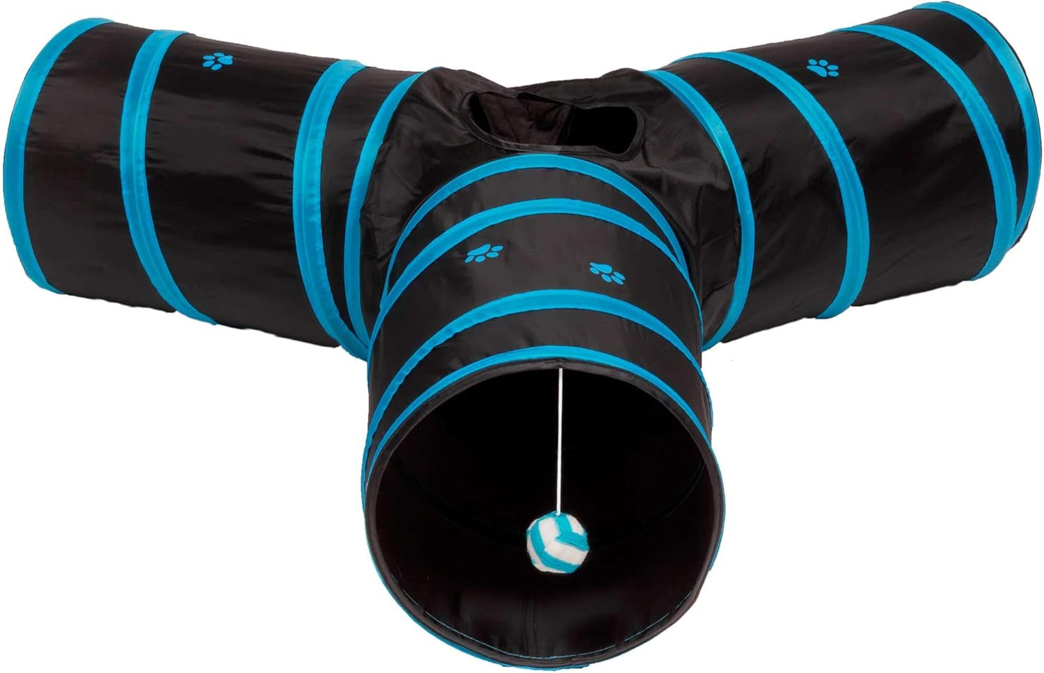 Collapsible 3-Way Cat Tunnel Play Toy - Versatile Tube for Kittens, Rabbits, and Dogs - Black/Aqua